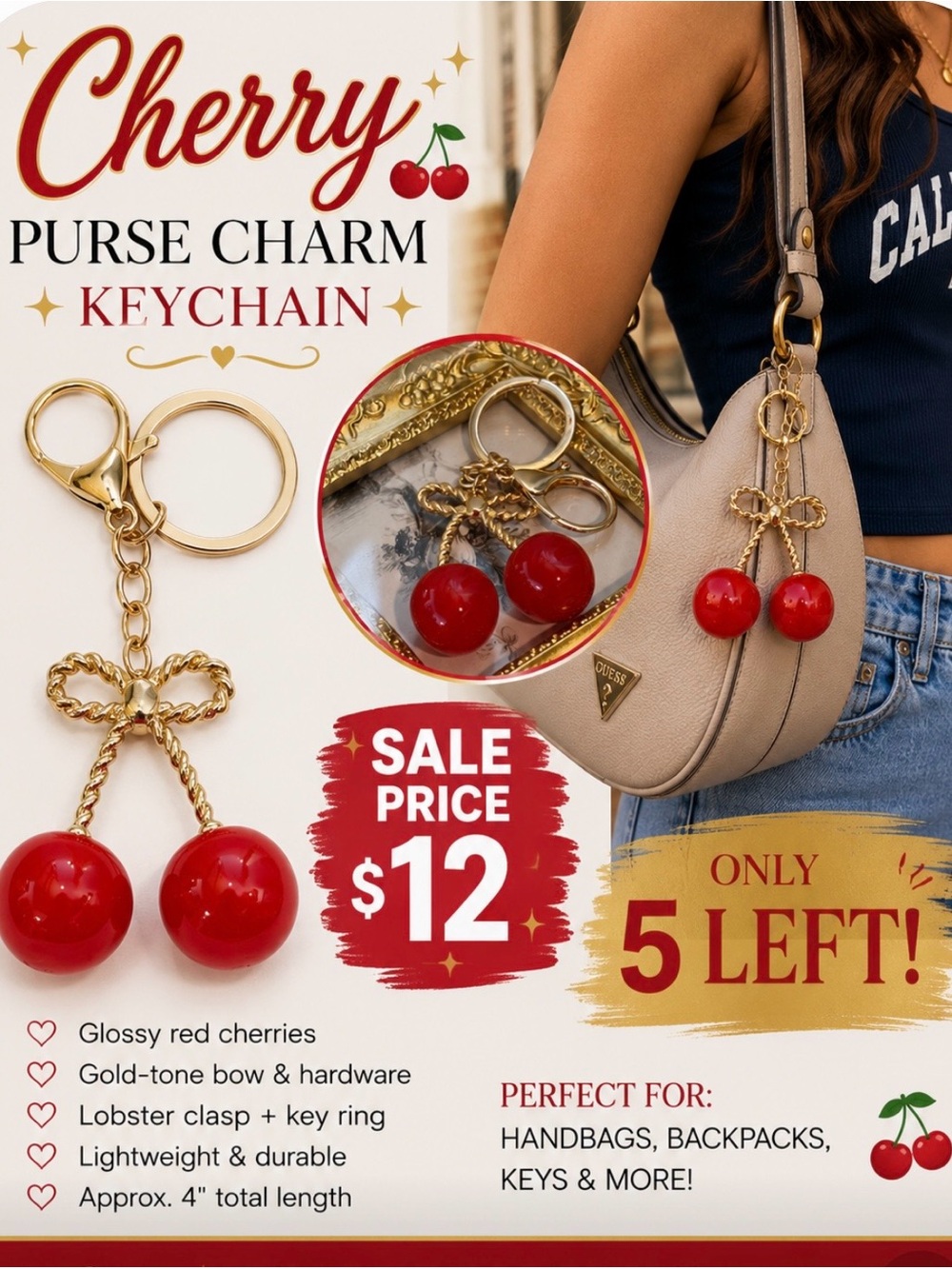 🍒 Cute Red Cherry Purse Charm Keychain Silver Bow Bag Charm lY2K Coquette Style